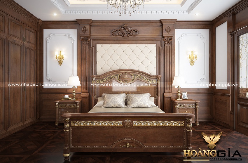 Thiết kế nội thất phòng ngủ tân cổ điển với chất liệu gỗ gõ đỏ dát vàng