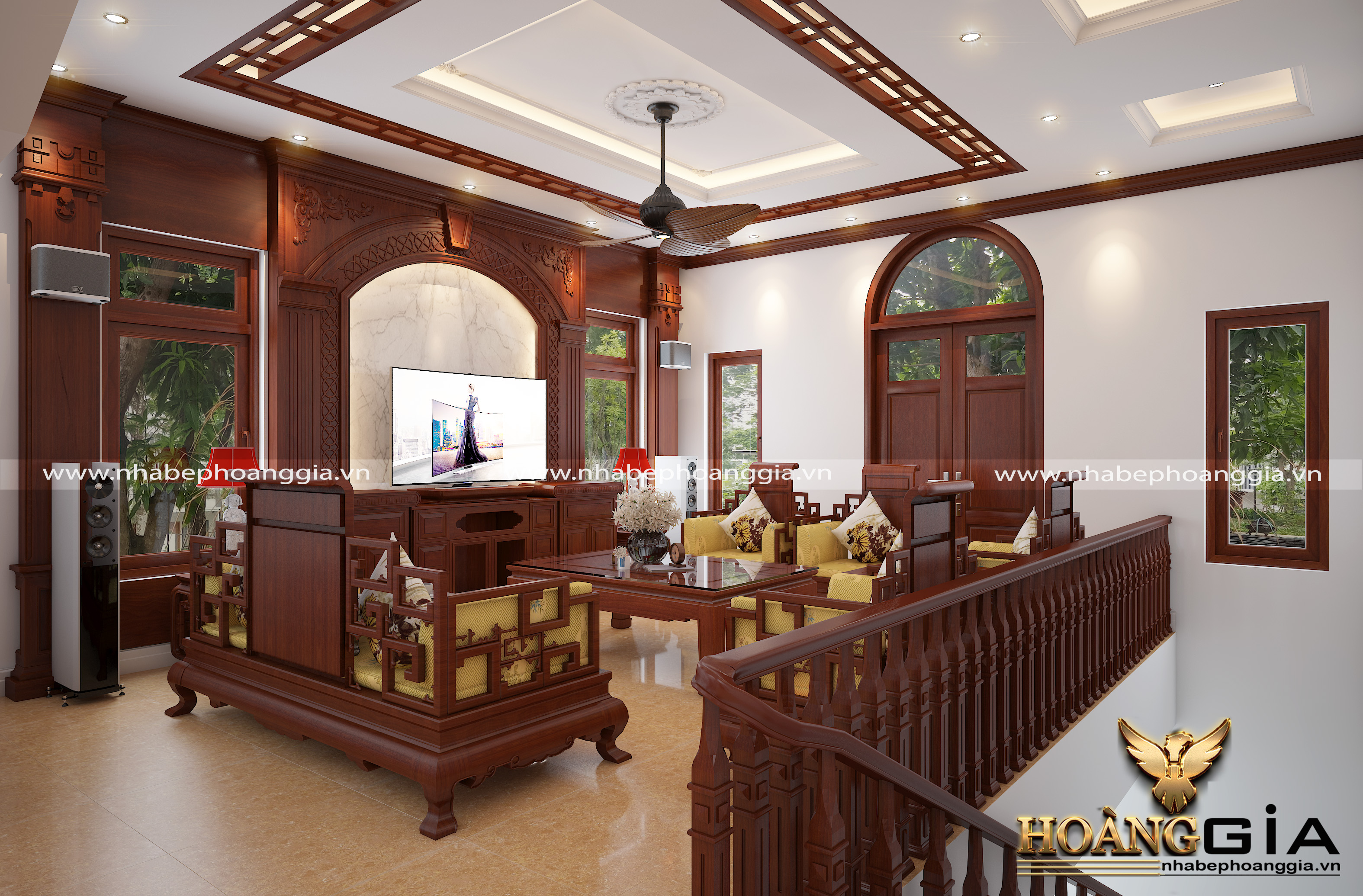 Thiết kế nội thất phòng khách tân cổ điển gỗ hương cực kỳ ấn tượng