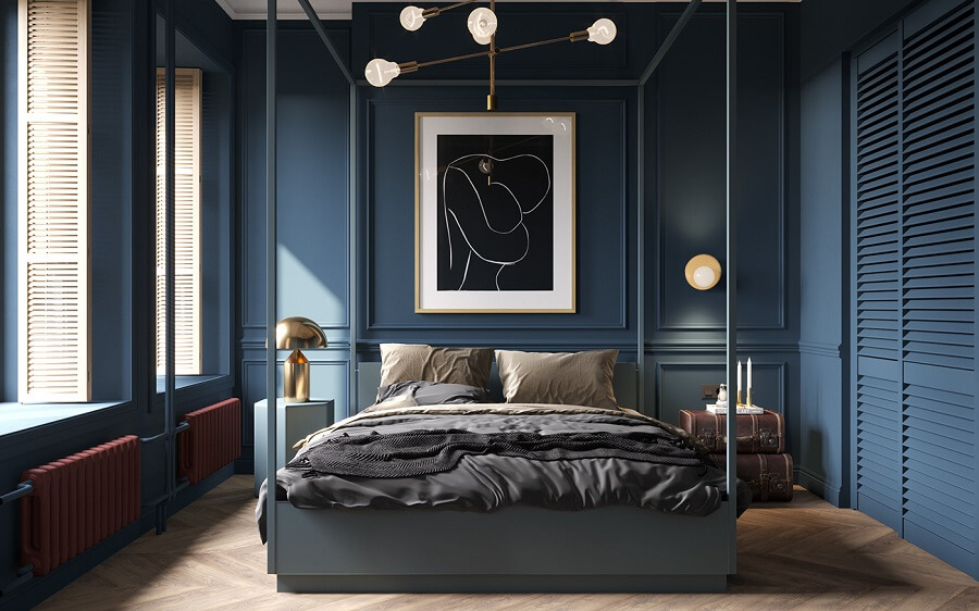 Không gian phòng ngủ Scandinavian màu xanh coban nổi bật