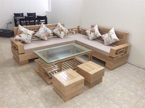Sofa gỗ chữ L giúp sắp xếp linh hoạt các nội thất