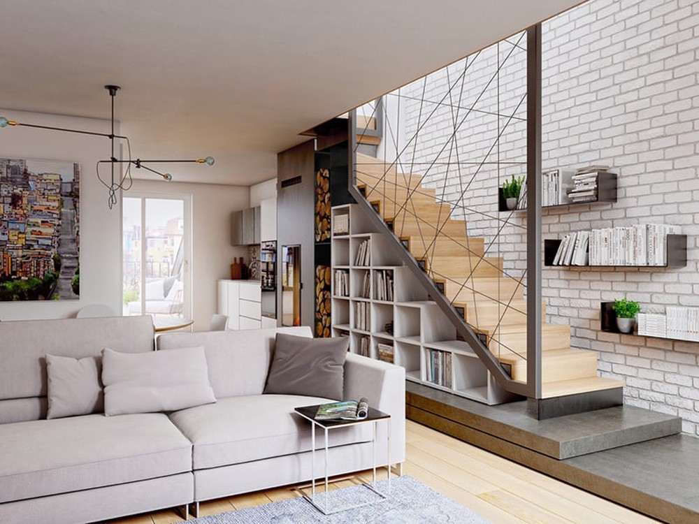 mẫu thiết kế phòng khách đẹp có cầu thang 2022