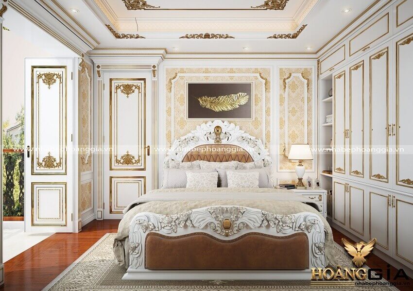 Mẫu giường ngủ gỗ đẹp phong cách tân cổ điển sơn trắng