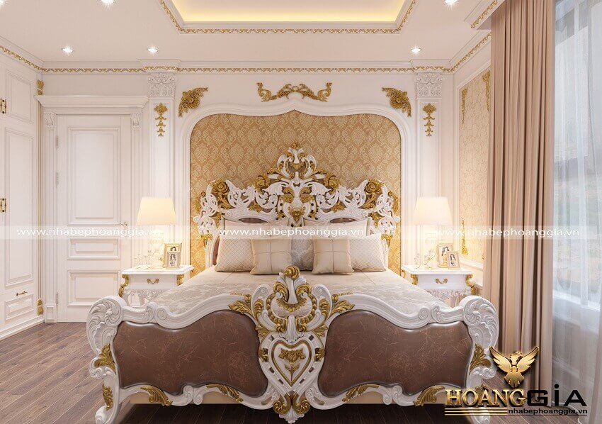 Mẫu giường ngủ gỗ sơn trắng dát vàng đẹp kiêu kỳ