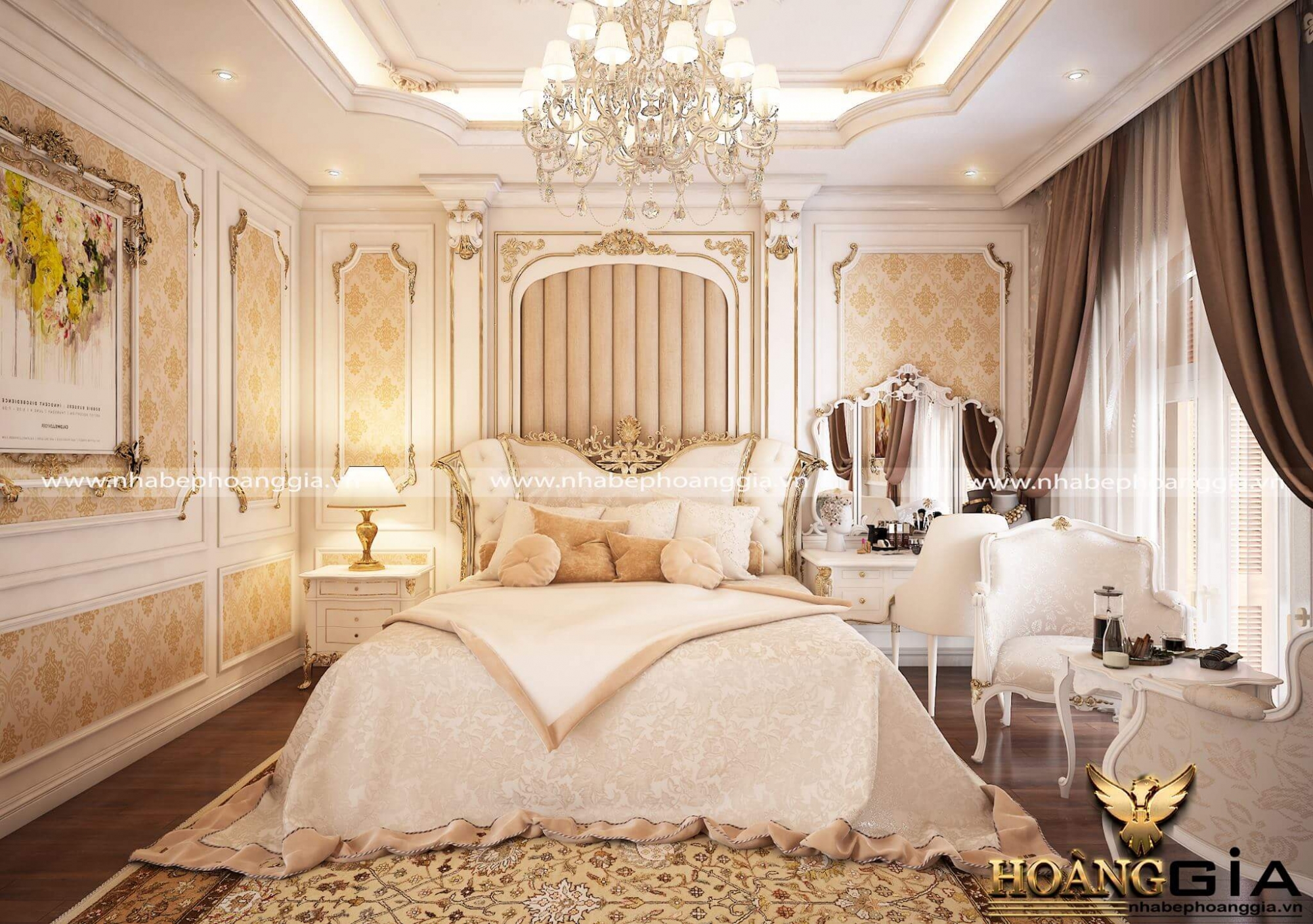 Mẫu giường ngủ gỗ gõ sơn trắng phong cách hoàng gia
