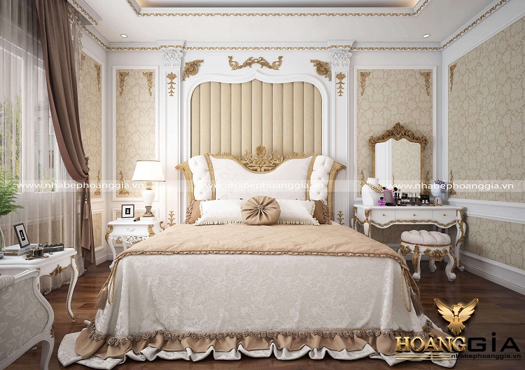 Giường ngủ tân cổ điển sơn trắng được chạm khắc hoa văn tinh xảo