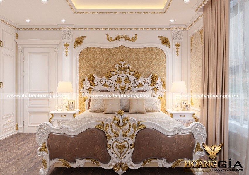 Mẫu giường ngủ gỗ tự nhiên hoàng gia dát vàng cao cấp