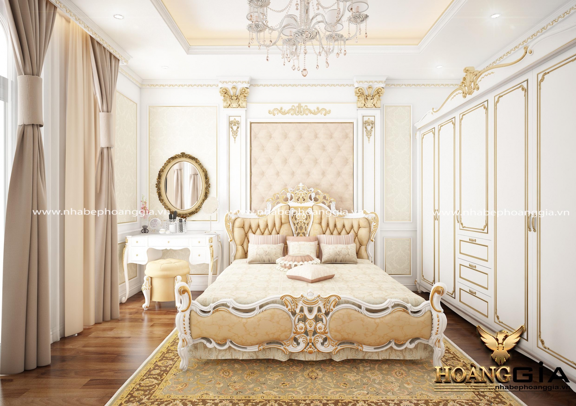 Mẫu giường ngủ gỗ tự nhiên sơn trắng cho nhà biệt thự