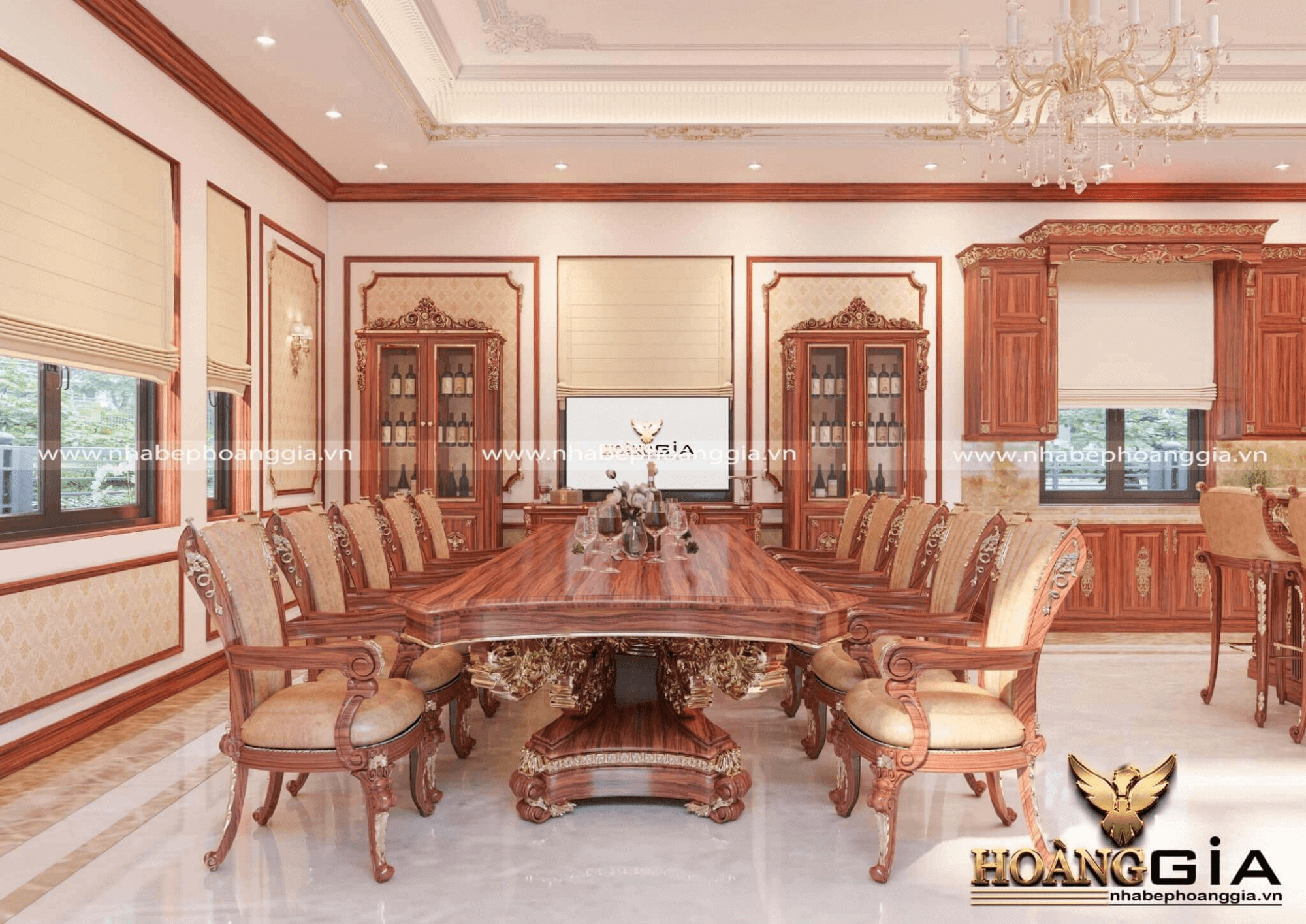 Mẫu bàn ăn 10 ghế dát vàng hoàng gia cao cấp