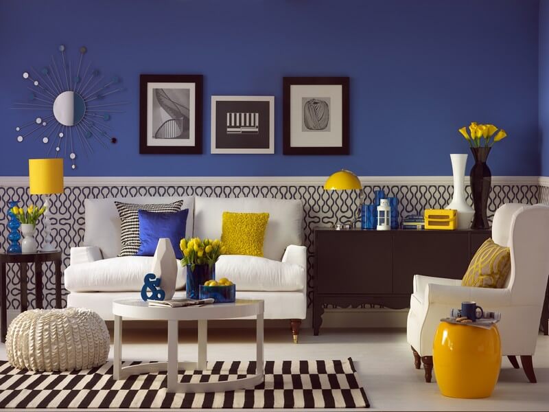 Mẫu thiết kế phòng khách lấy màu xanh dương làm chủ đạo