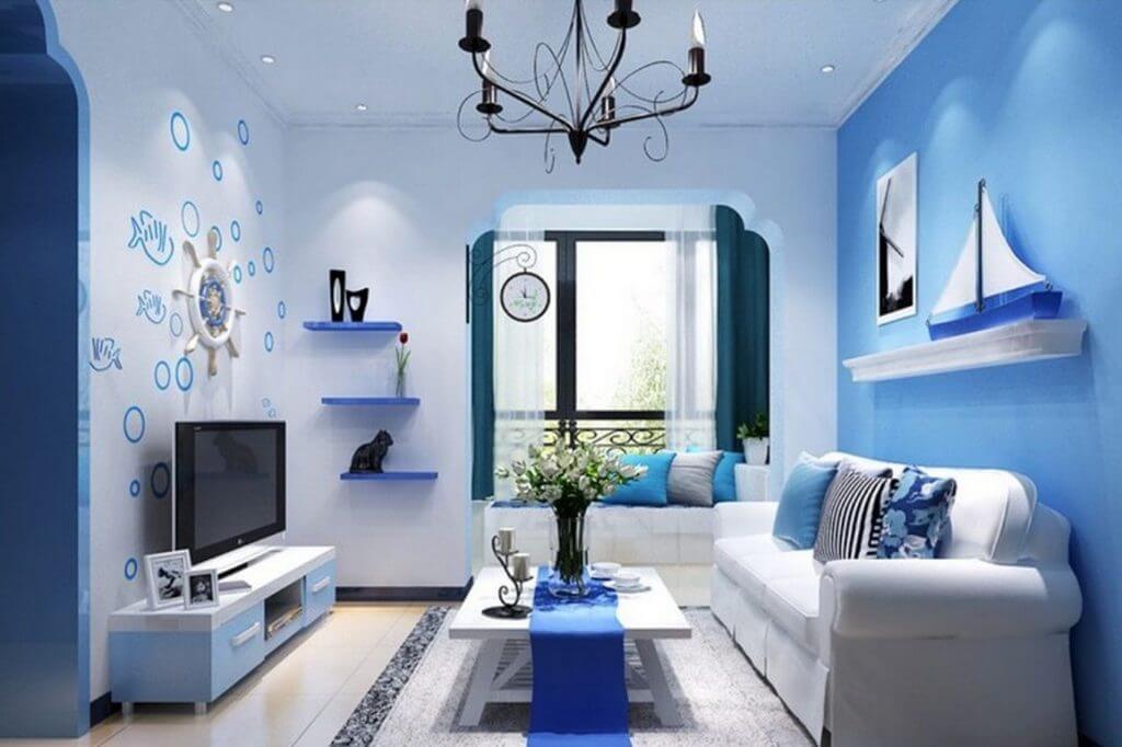 Mẫu thiết kế phòng khách hiện đại gam màu trắng - xanh