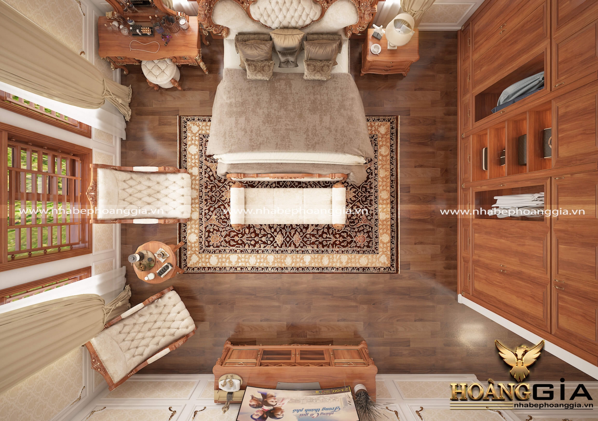 phòng ngủ đẹp phong cách tân cổ điển gỗ gõ