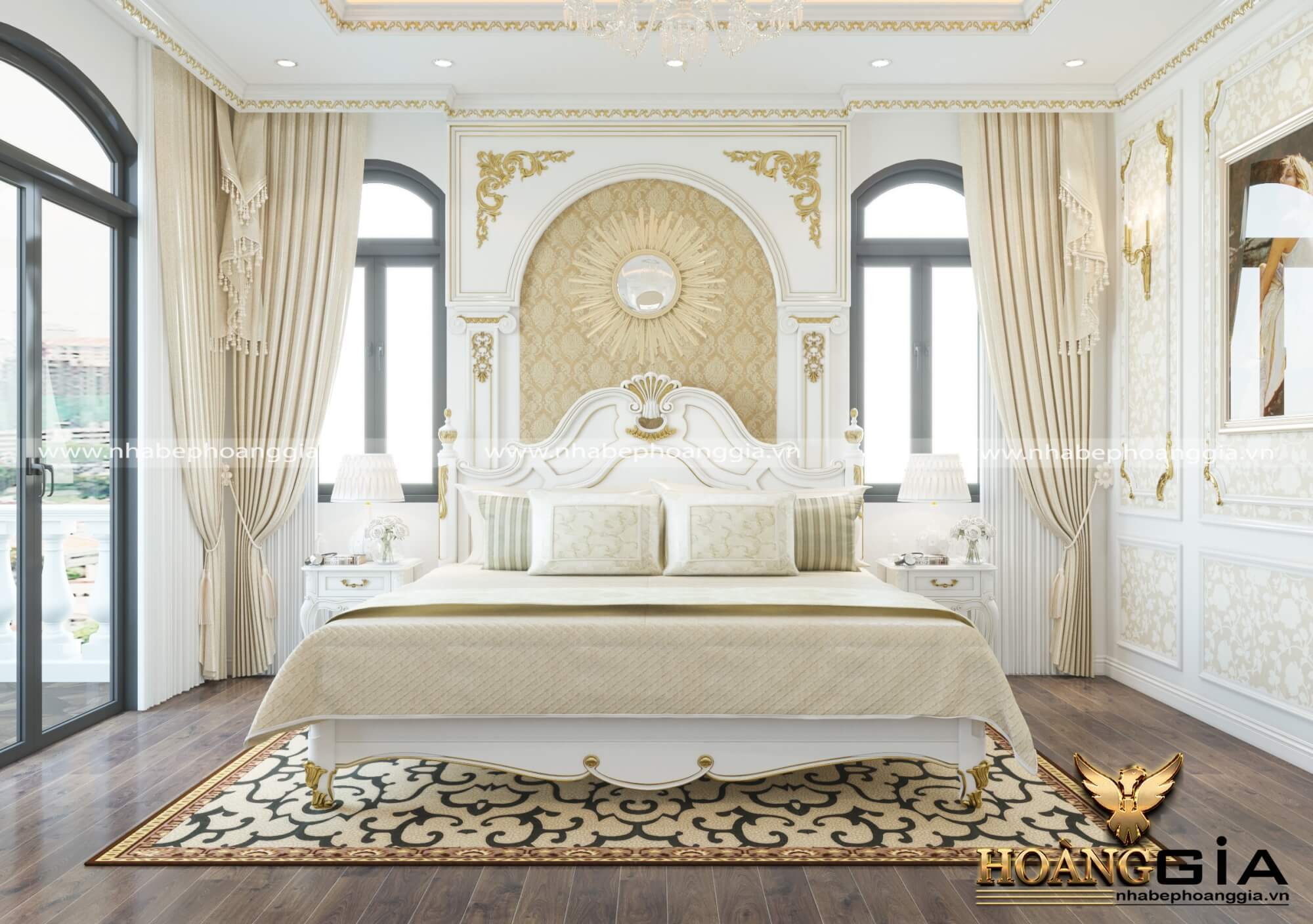 Mẫu phòng ngủ sơn trắng dát vàng hoàng gia đẳng cấp