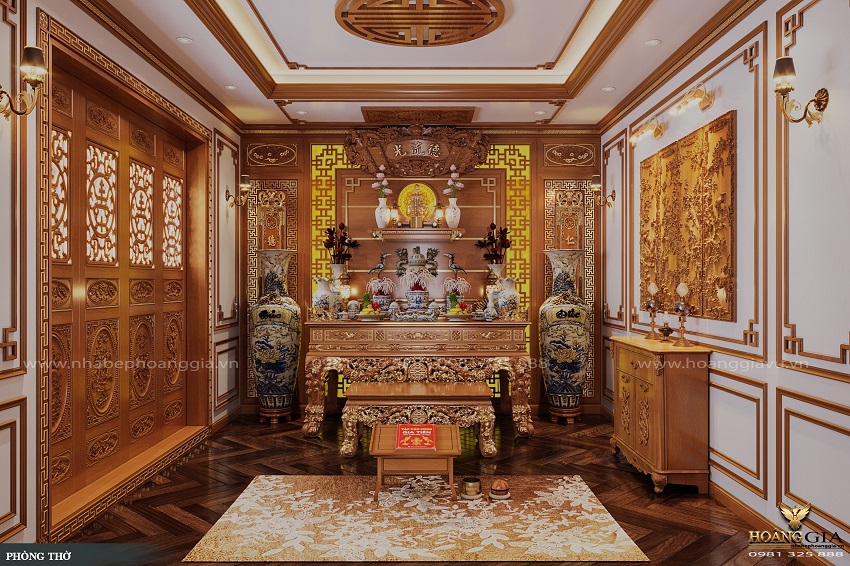 Mẫu phòng thờ biệt thự 2024 thờ chung Phật và gia tiên