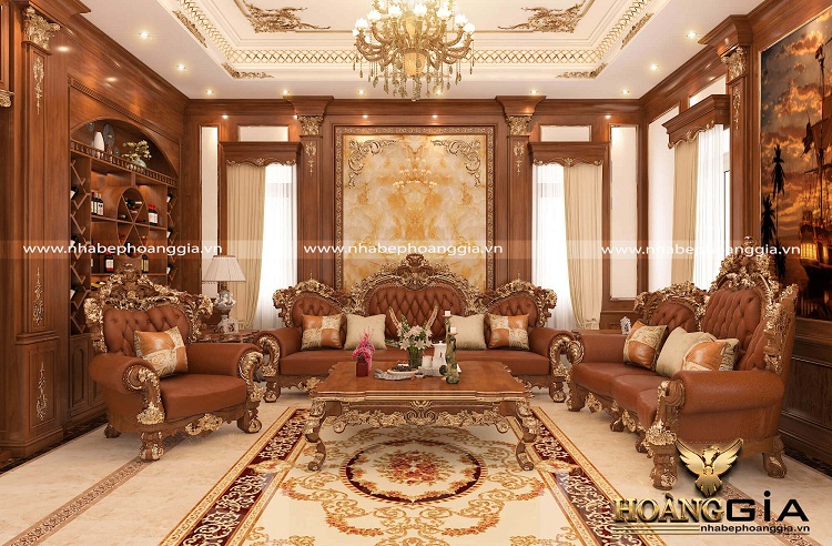 Mẫu sofa gỗ gõ đỏ tự nhiên dát vàng đẹp sang trọng