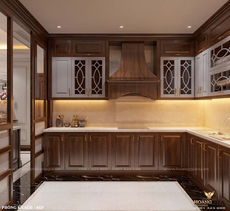 thiết kế phòng bếp 12m2 phong cách tân cổ