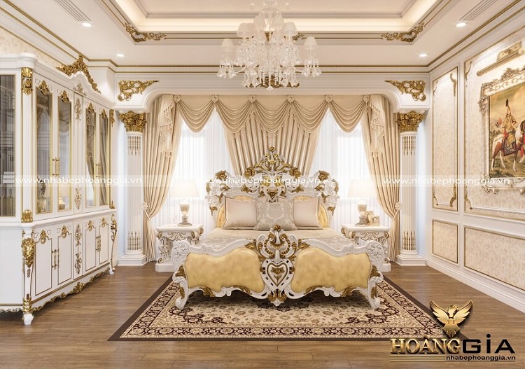 thiết kế phòng ngủ 40m2 sơn trắng dát vàng