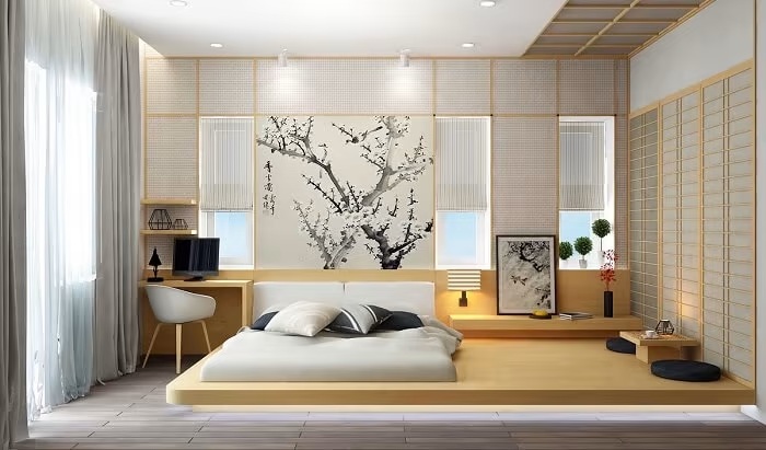 trang trí phòng ngủ nhỏ không giường kiểu Nhật