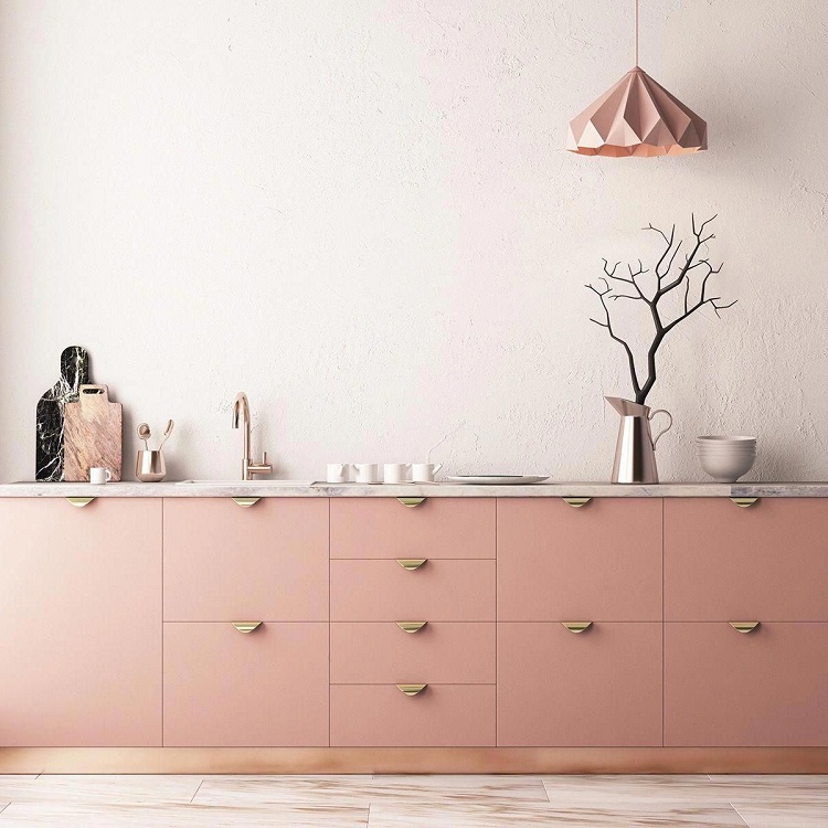 mẫu tủ bếp 1 tầng đẹp màu hồng