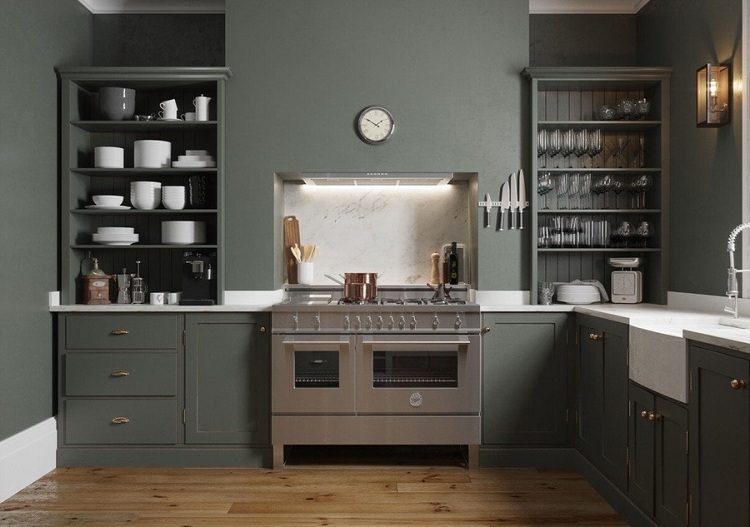 mẫu tủ bếp 1 tầng đẹp màu xanh oliu