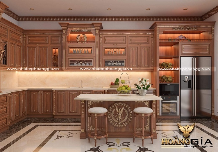Tủ bếp tân cổ điển gỗ gõ đỏ dát vàng đẹp sang trọng