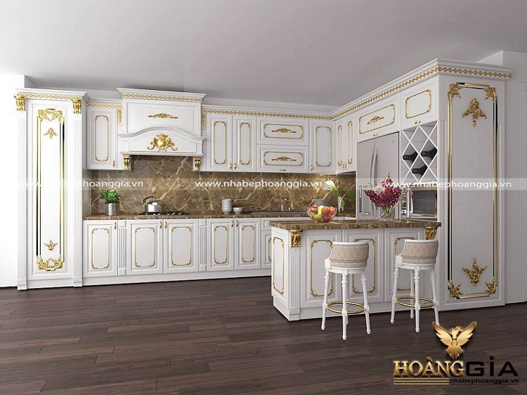 Mẫu thiết kế tủ bếp tân cổ điển dát vàng đẳng cấp hoàng gia có quầy bar