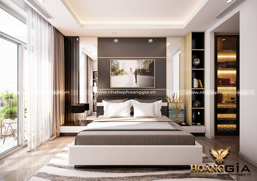 thiết kế nội thất phòng ngủ hiện đại với chất liệu gỗ công nghiệp