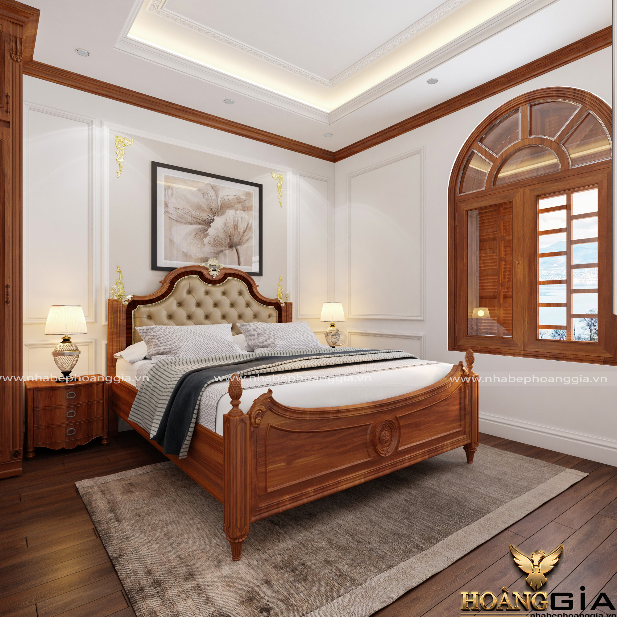 phòng ngủ tân cổ điển mộc mạc với chất liệu gỗ tự nhiên