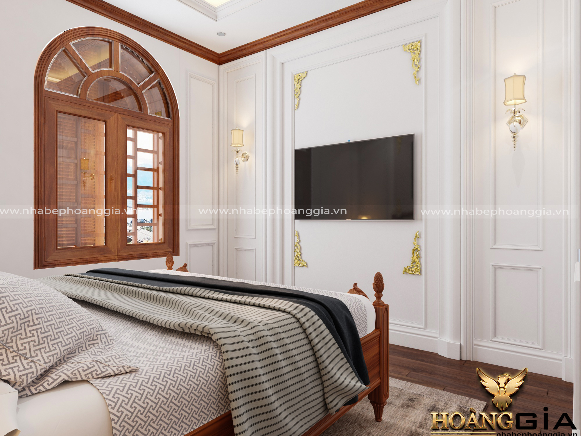 phòng ngủ tân cổ điển mộc mạc với chất liệu gỗ tự nhiên
