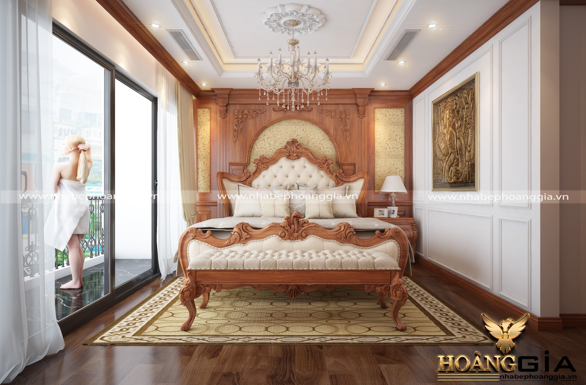 nội thất phòng ngủ tân cổ điển chất liệu gỗ tự nhiên