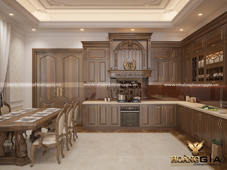 phòng bếp 25m2 nội thất gỗ tự nhiên