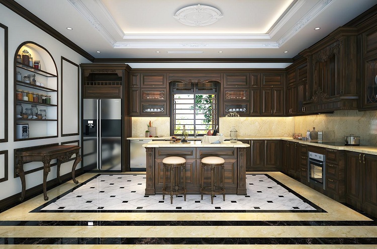 phòng bếp 30m2 nội thất gỗ tự nhiên