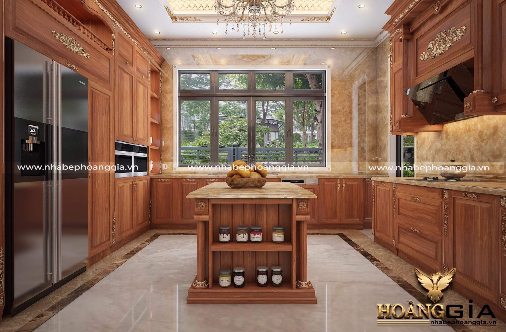 phòng bếp đẹp gỗ tự nhiên cho nhà biệt thự