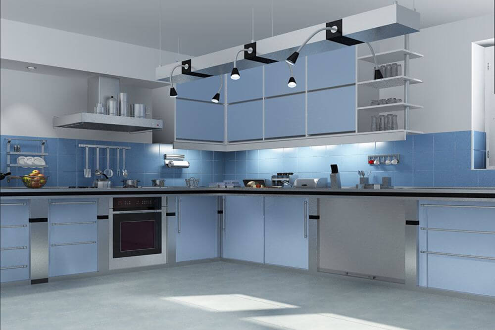 Mẫu phòng bếp màu xanh dương nhạt hiện đại