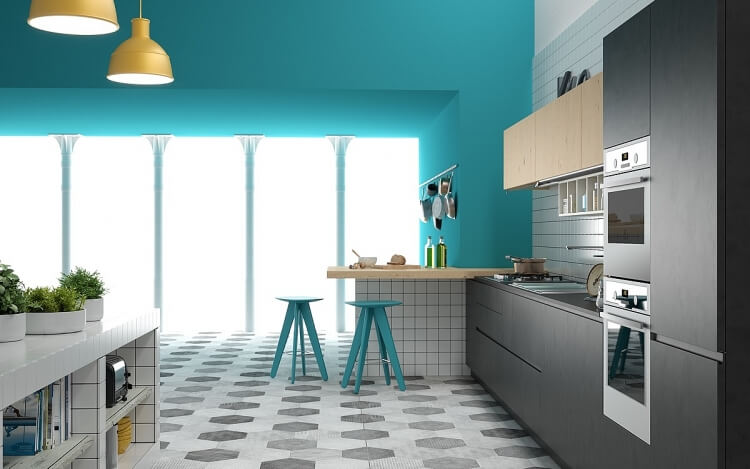 Mẫu phòng bếp màu xanh dương mát mẻ