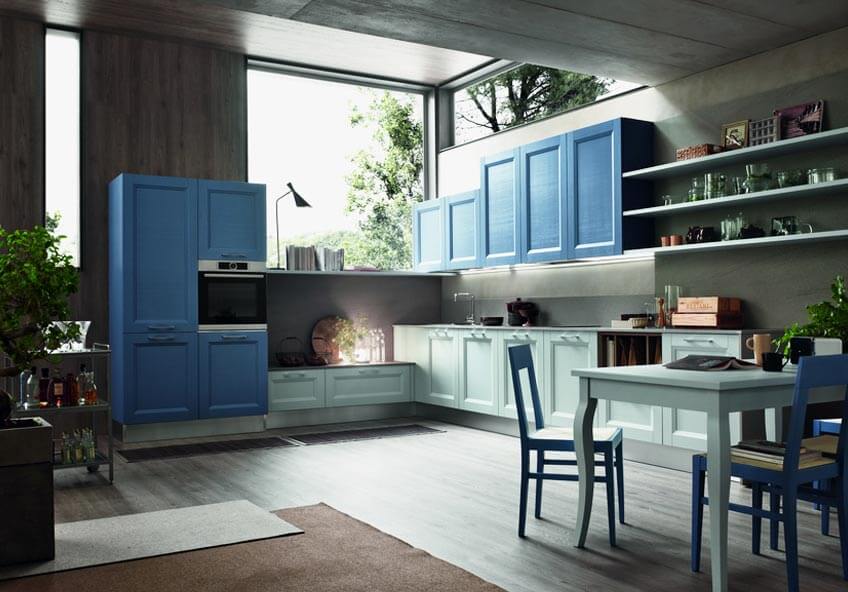 Mẫu phòng bếp màu xanh dương kết hợp với tường xi măng