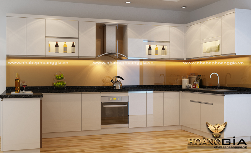 Thiết kế tủ bếp Acrylic cho phòng bếp hiện đại với gam màu trắng
