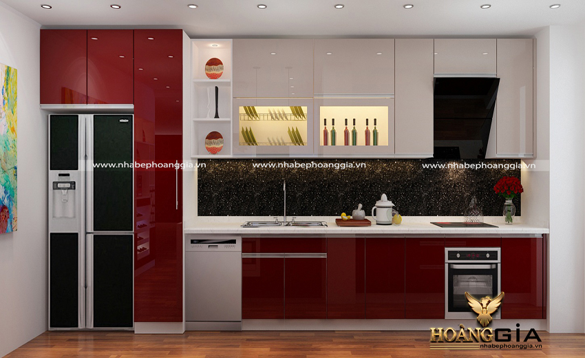 Thiết kế phòng bếp hiện đại với tủ bếp acrylic màu đỏ