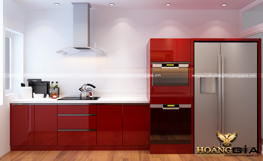 Thiết kế phòng bếp hiện đại với tủ bếp acrylic màu đỏ