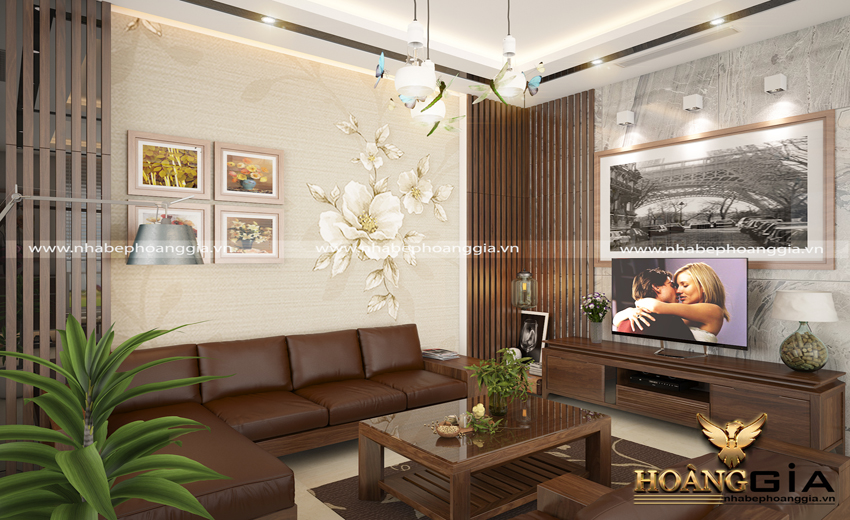 Phòng khách hiện đại bằng gỗ tự nhiên óc chó nhà anh Hùng Bắc Giang