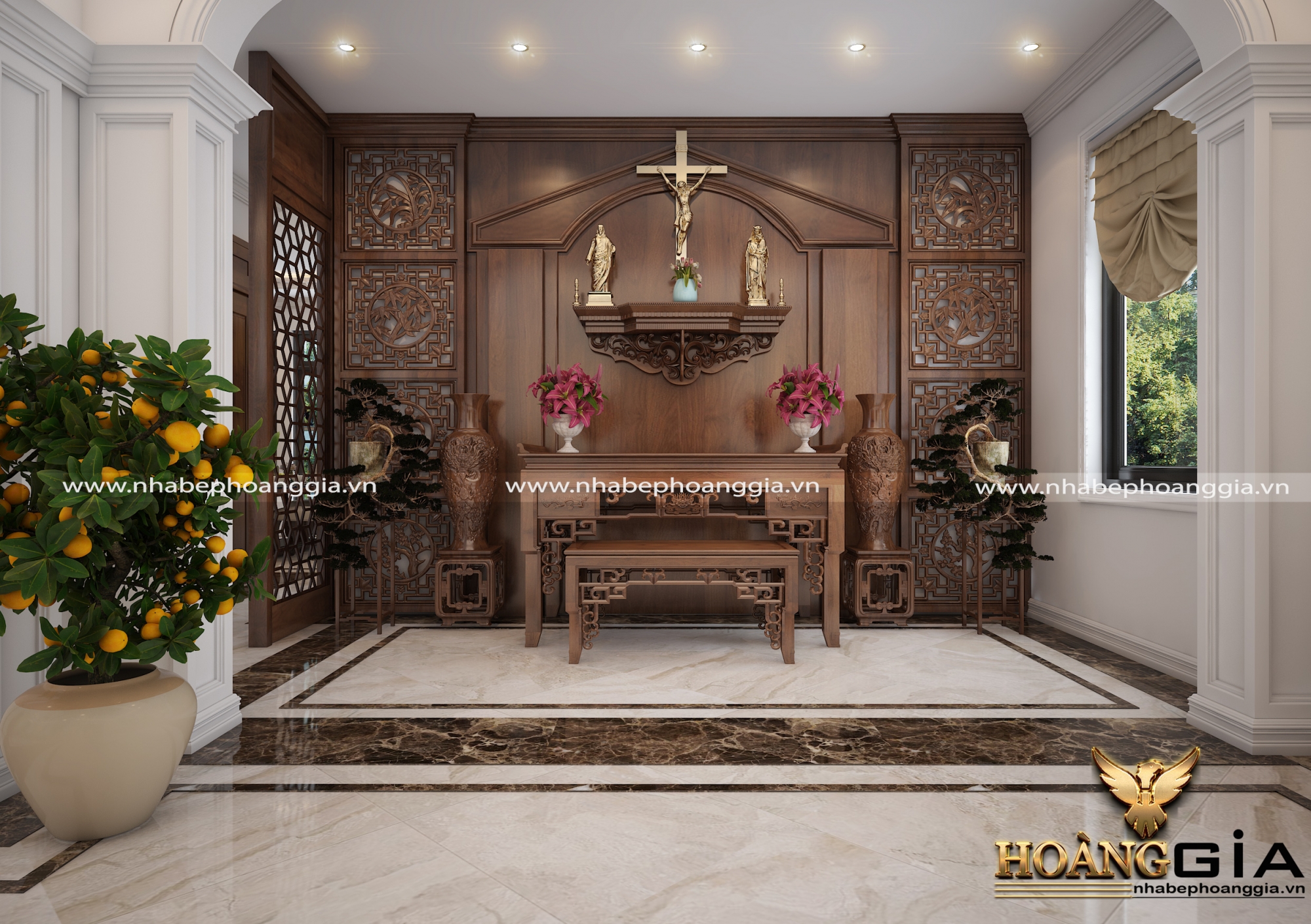 Mẫu thiết kế bàn thờ chúa trong phòng khách nhà biệt thự