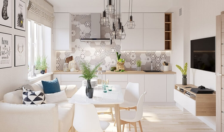 Mẫu thiết kế phòng khách và bếp ăn sơn trắng cho nhà nhỏ