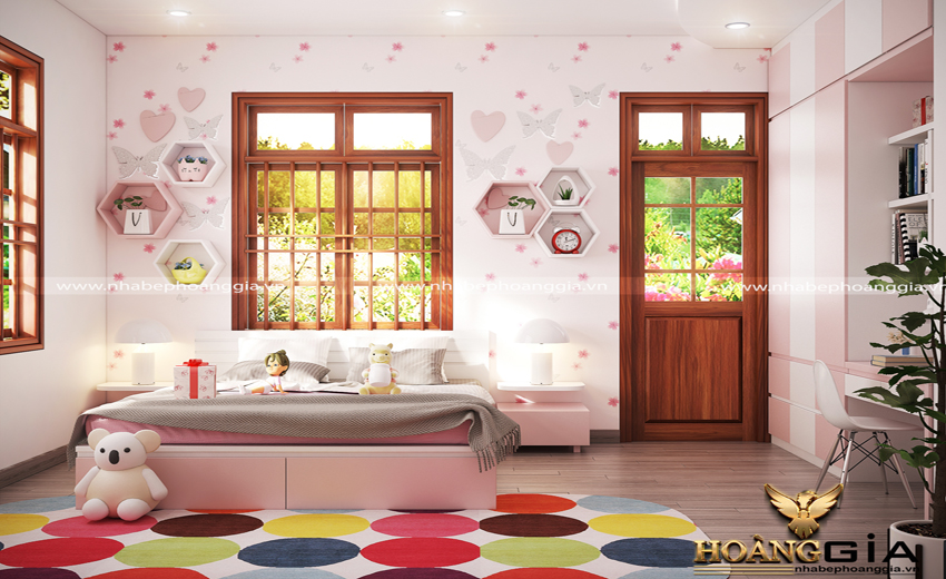 Phòng ngủ hiện đại cho bé gái với gam màu hồng