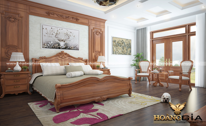 Thiết kế phòng ngủ tân cổ điển bằng chất liệu gỗ gõ đỏ nam phi