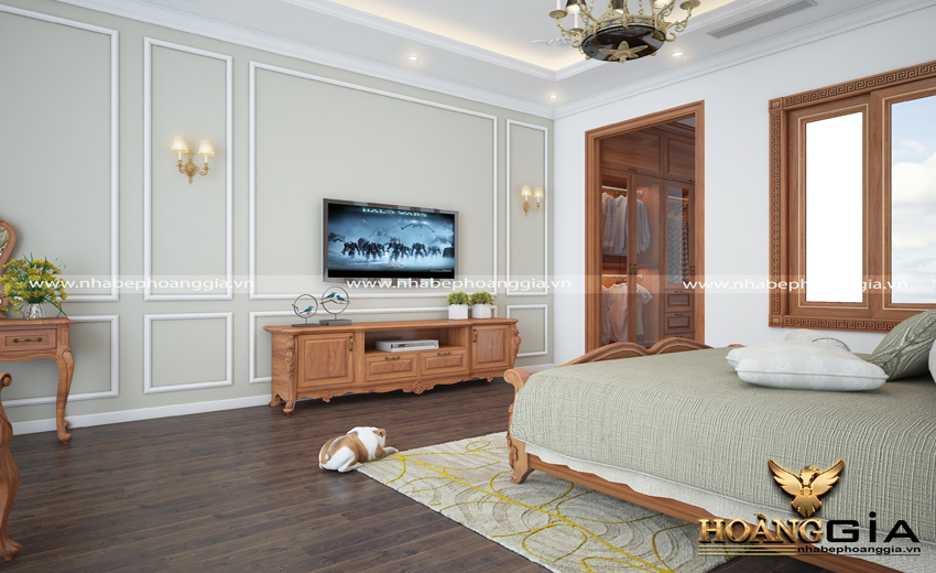 Thiết kế nội thất phòng ngủ tân cổ điển gỗ tự nhiên phù hợp với nhà biệt thự