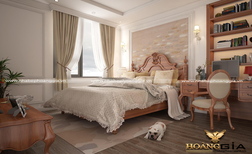 Phòng ngủ tân cổ điển với gam màu gỗ tự nhiên