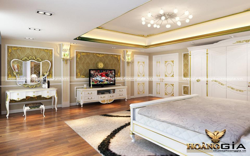 Phòng ngủ tân cổ điển sơn trắng dát vàng