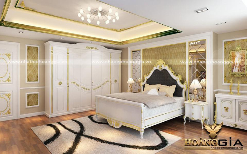 Phòng ngủ tân cổ điển sơn trắng dát vàng