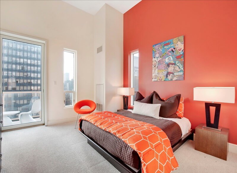 Phòng ngủ color block có tông màu đỏ cam đẹp mắt