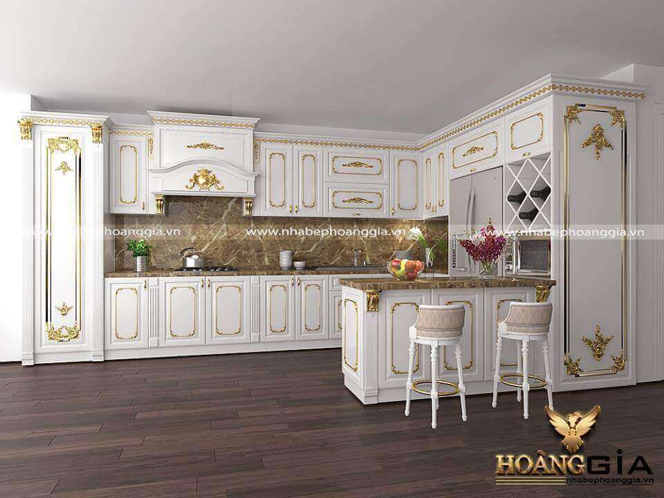 Tủ bếp sơn trắng sử dụng vật liệu gỗ tự nhiên cao cấp