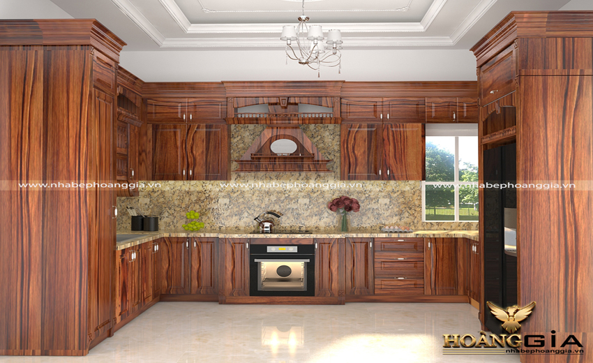 Thiết kế tủ bếp tân cổ điển cao cấp được làm bằng chất liệu gỗ tự nhiên